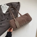 Bolso tote marrón vintage de ante sintético con patchwork de cuero y asas largas - Gris