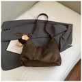 Retro coffee brown suede shoulder bag with long straps and a cute brown teddy bear charm - With Pendant / Dark Green