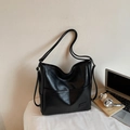 Minimalist black PU leather large tote bag for women featuring decorative stitching - Black
