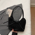 Elegant black shoulder bucket bag with leopard print texture and bow knot decoration - Black