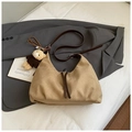 Retro camel suede half-moon tote bag with brown leather strap and plush bear charm - With Pendant / Khaki