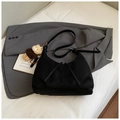 Minimalist black hobo shoulder bag with crossbody strap and cute plush bear charm - With Pendant / Black