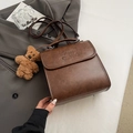 Retro dark brown leather backpack with embossed letters and plush bear charm - Coffee with Pendant
