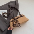 Light brown suede shoulder bag with dark leather handles and vintage charms - Khaki with Pendant