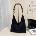 Borsa tote in pelle nera opaca con manici vintage in perline di legno per donna - Nero