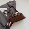 Dark brown suede underarm tote bag with glossy leather handles and gold metal buckle - Brown No Pendant