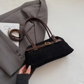 Vintage black faux suede bowling bag with brown leather straps and metal buckle detail - Black without Pendant