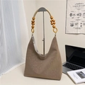 Borsa tote marrone in finta pelle con manico in perline di legno e corda intrecciata - Cachi