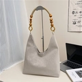 Borsa tote beige in PU con perline di legno decorative e tracolla intrecciata - Beige
