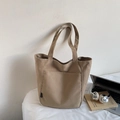 Detail view of khaki nylon tote bag with functional pockets for laptop and books - Khaki