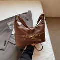 Vintage dark brown faux leather tote bag with gold buckle and decorative belt detail - Brown