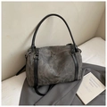 Deep grey canvas Boston bag with black leather handles and adjustable shoulder strap - Black