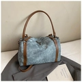 Minimalist blue denim Boston bag with brown leather straps and vintage canvas texture - Blue