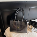 Vintage large capacity tote bag in distressed black leather with metal lock and pendant - Black with Pendant