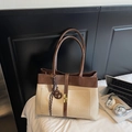 Brown and beige two-tone large tote bag with gold twist lock for women daily commute - Cream White With Pendant