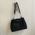 Large black leopard print tote bag with metallic chain straps for commuting - Black without Pendant