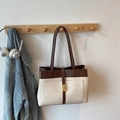 Sac fourre-tout bicolore crème et marron avec fermoir doré pour le quotidien - Blanc Cassé Sans Pendentif