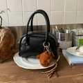 Matte black Boston bowling bag with wrinkled texture and cute brown teddy bear pendant - With Charm / Black