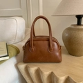 Vintage brown bowling style handbag with dual handles and elegant embossed lettering - No Pendant / Brown