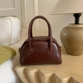 Vintage dark brown leather bowling bag with rounded top handles and embossed logo - No Pendant / Brown