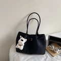 Detail of black suede tote bag with long handles and a cute white puppy plush charm - Black (With Charm)