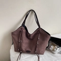 Vintage braune Wildleder-Einkaufstasche mit Kordelzug und Silberperlen für Damen - Kaffeebraun