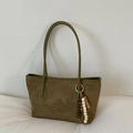 Detail of olive green suede tote bag with contrast stitching and beaded charm accessory - With Pendant / Green