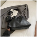 Large black faux leather bucket bag with silver chain drawstring and mini pouch accessory - Without Pendant / Black