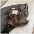 Brown faux leather bucket bag with litchi texture, drawstring chain, and small coin purse - Without Pendant / Brown