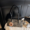 Vintage gray washed canvas shoulder tote bag with black leather handles and donut charm - Dark Brown (With Pendant)