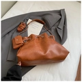 Brown faux leather drawstring bucket bag with metal chain strap and matching coin purse - Without Pendant / Brown