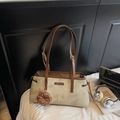 Olive green suede shoulder bag with brown leather trim and a cute plush donut charm - Beige & Brown (With Charm)