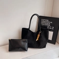 Classic black tote bag set with suede texture and beaded tassel charm in variant black color - Black With Pendant
