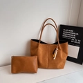 Brown suede tote bag set with matching zippered clutch and wooden bead pendant accessory - Brown with Pendant