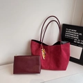 Elegant burgundy suede tote bag with matching leather pouch and colorful wooden beads - Wine Red With Pendant