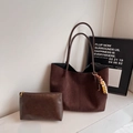 Large dark brown suede tote bag set with beaded tassel and matching inner pouch - Coffee With Charms