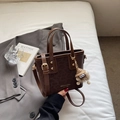 Brown leopard print mini bucket bag with gold accents and a plush monster charm - Coffee