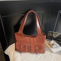Sac à épaule rétro marron rouge en PU avec deux poches à boucles argentées vintage - Marron