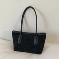 Minimalist black faux suede tote bag with slim double shoulder straps and trapezoid design - No Pendant / Black