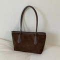 Dark brown suede tote bag with smooth leather handles for women in autumn style - No Pendant / Brown