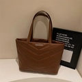 Brown quilted faux leather tote bag with V-shaped stitching and top handles - Brown