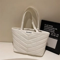 Minimalist white quilted tote bag in PU leather with CHAOHUO logo for office commuting - Off White