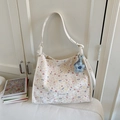 Floral canvas tote bag in cream white with long straps and cute blue flower charm - White