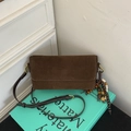 Brown suede baguette bag with bohemian wooden bead charms and long leather strap - Brown