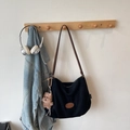 Retro black canvas tote bag with brown leather straps and a cute teddy bear charm - With Pendant / Black