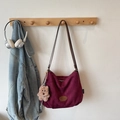 Retro burgundy suede tote bag with leather straps and a cute plush puppy pendant - With Pendant / Burgundy