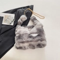 Gray and white striped faux fur handbag with elegant gold chain strap for women - Gray