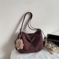 Minimalist Banatu tote bag in deep brown suede finish with a cute plush bear charm - With Pendant / Coffee