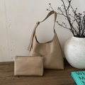 Bolso tote retro de gran capacidad y neceser a juego en piel sintética color caqui - Caqui