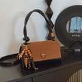 Brown suede flap and black leather crossbody bag with beaded tassel and knotted handle - Coffee without Pendant
